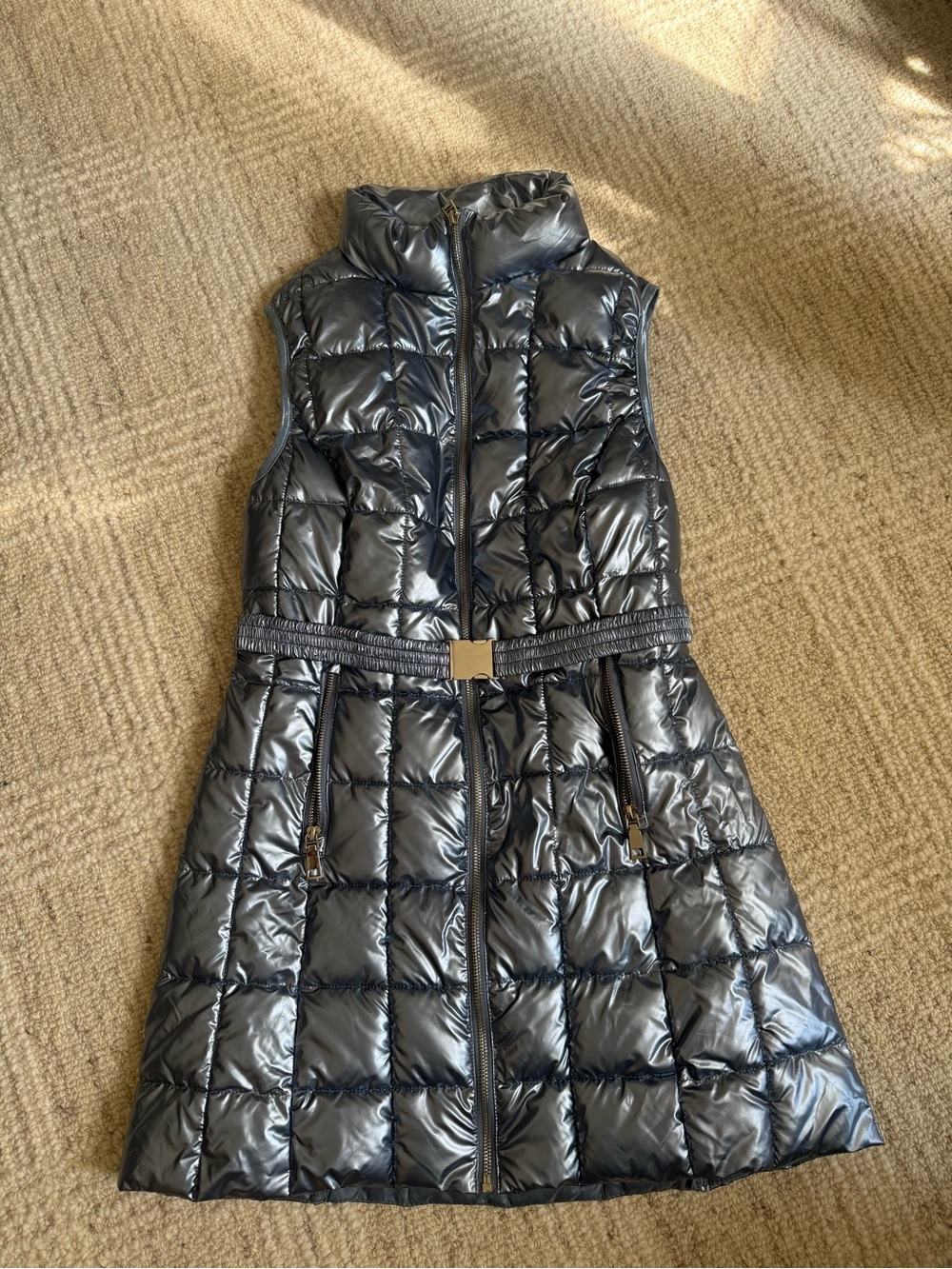 Sleeveless Quilted Ice Blue Zip Up Puffer Vest with Cinched Waist